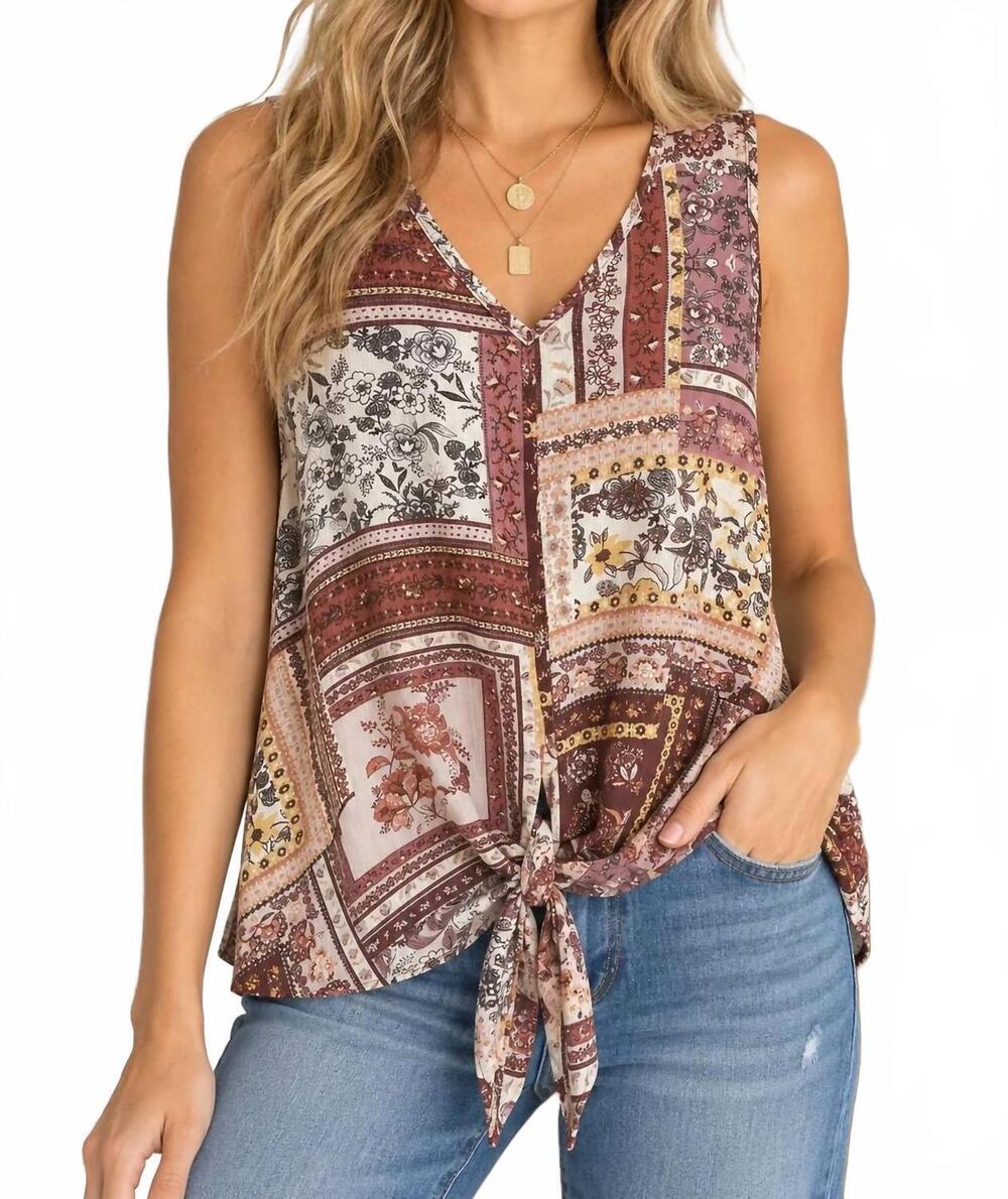 NEW ANDREE BY UNIT boho patchwork front tie top in mocha